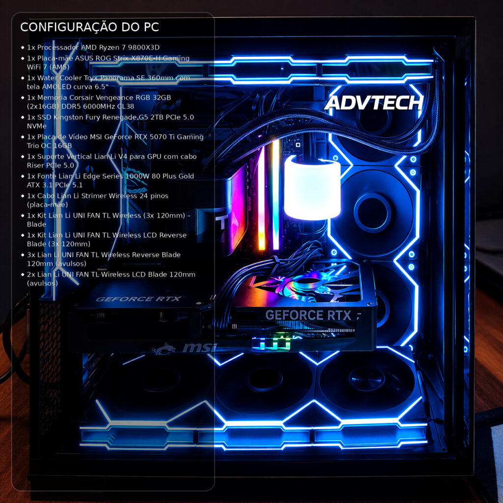 PC Gamer montado recentemente na Zona Sul do Rio de Janeiro, com iluminação RGB e organização de cabos profissional